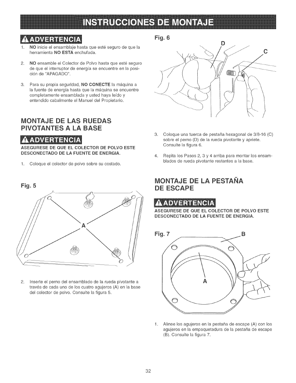 Montaje de las ruedas pivotantes a la base, Montaje de la pestaña de escape, Advertencia | Montaje de la pestaña de escape ^advertencia | Craftsman 152.213351 User Manual | Page 32 / 44