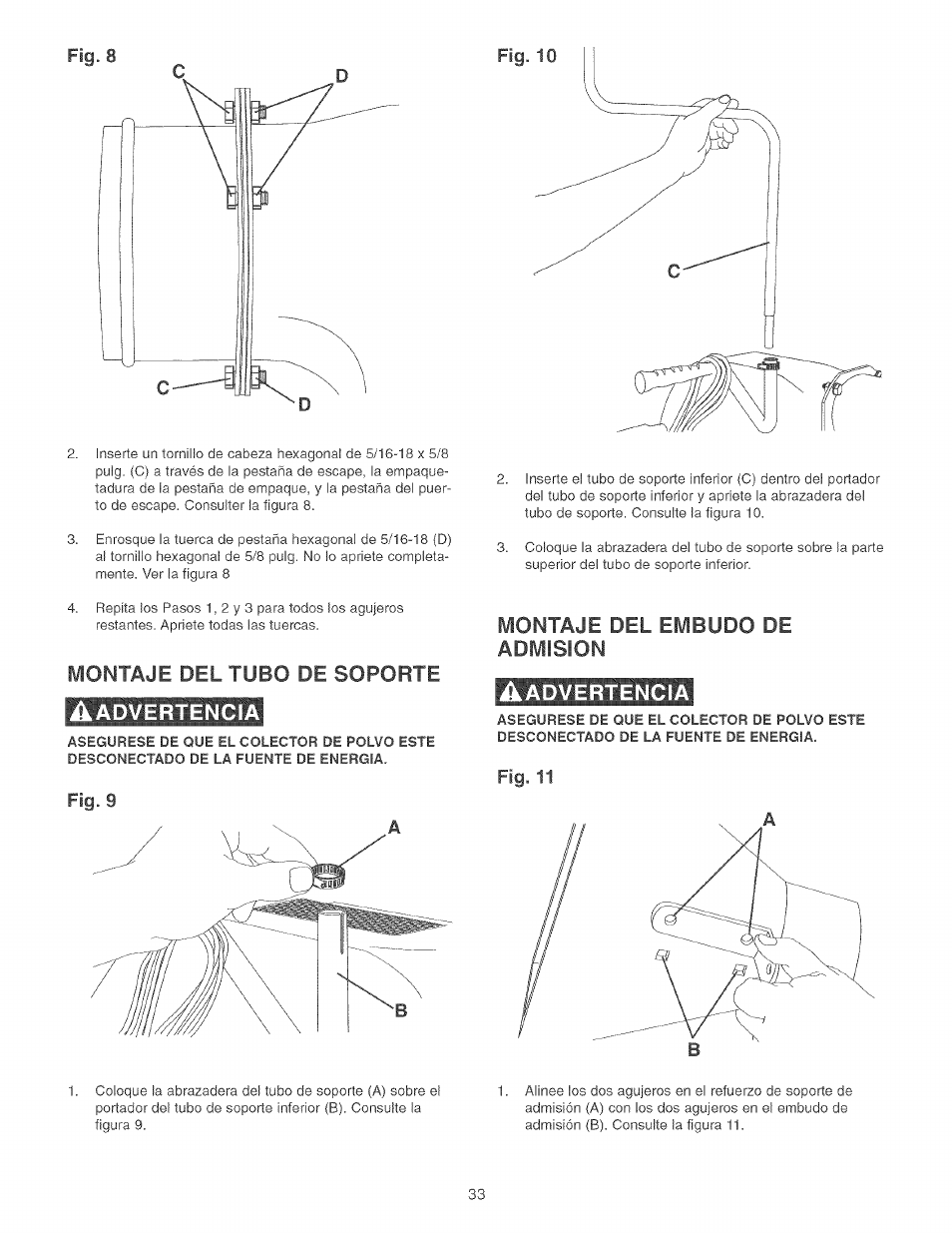 Montaje del tubo de soporte, Montaje del embudo de admision, Aadvertencia | Advertencia | Craftsman 152.213351 User Manual | Page 33 / 44