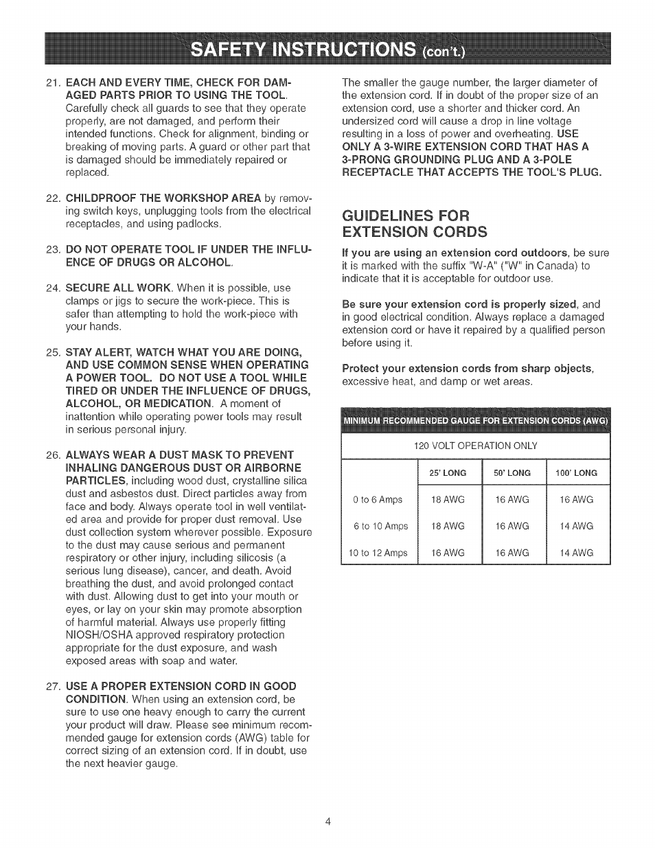 Guidelines for, Extension cords, Guidelines for extension cords | Craftsman 152.213351 User Manual | Page 4 / 44