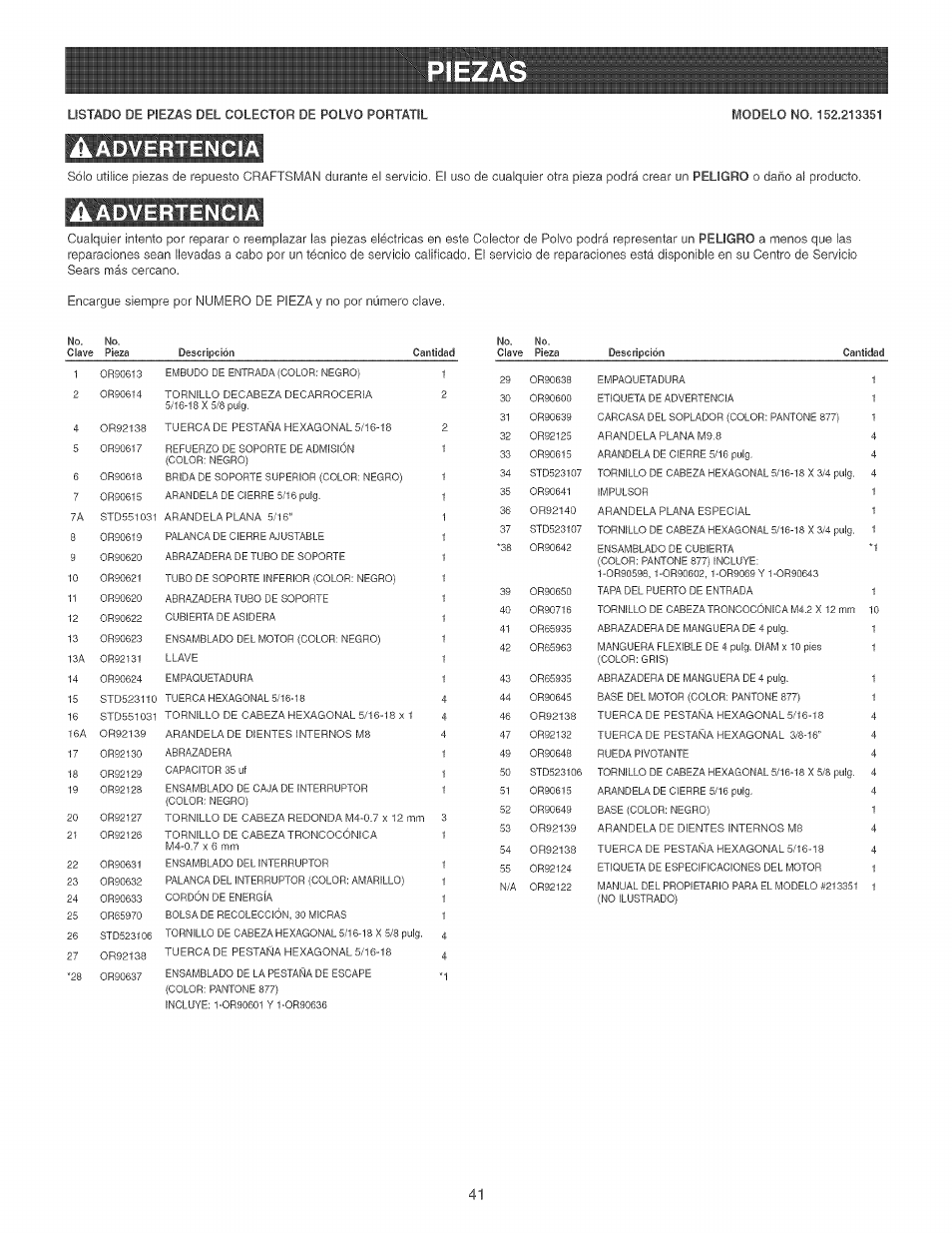 Aadvertencia, Advertencia | Craftsman 152.213351 User Manual | Page 41 / 44