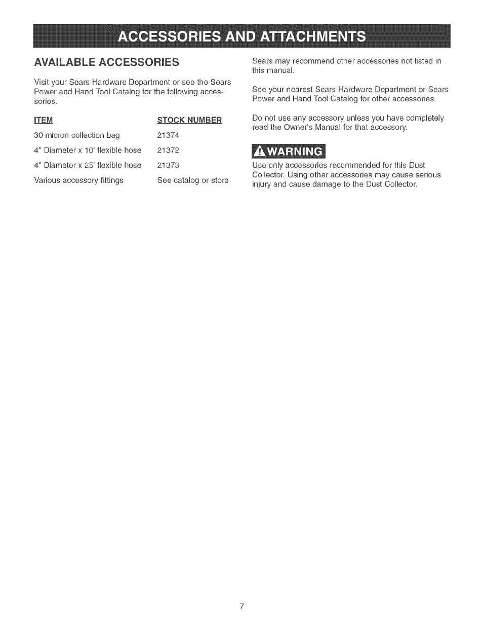 Available accessories, Awarning, Warning | Craftsman 152.213351 User Manual | Page 7 / 44