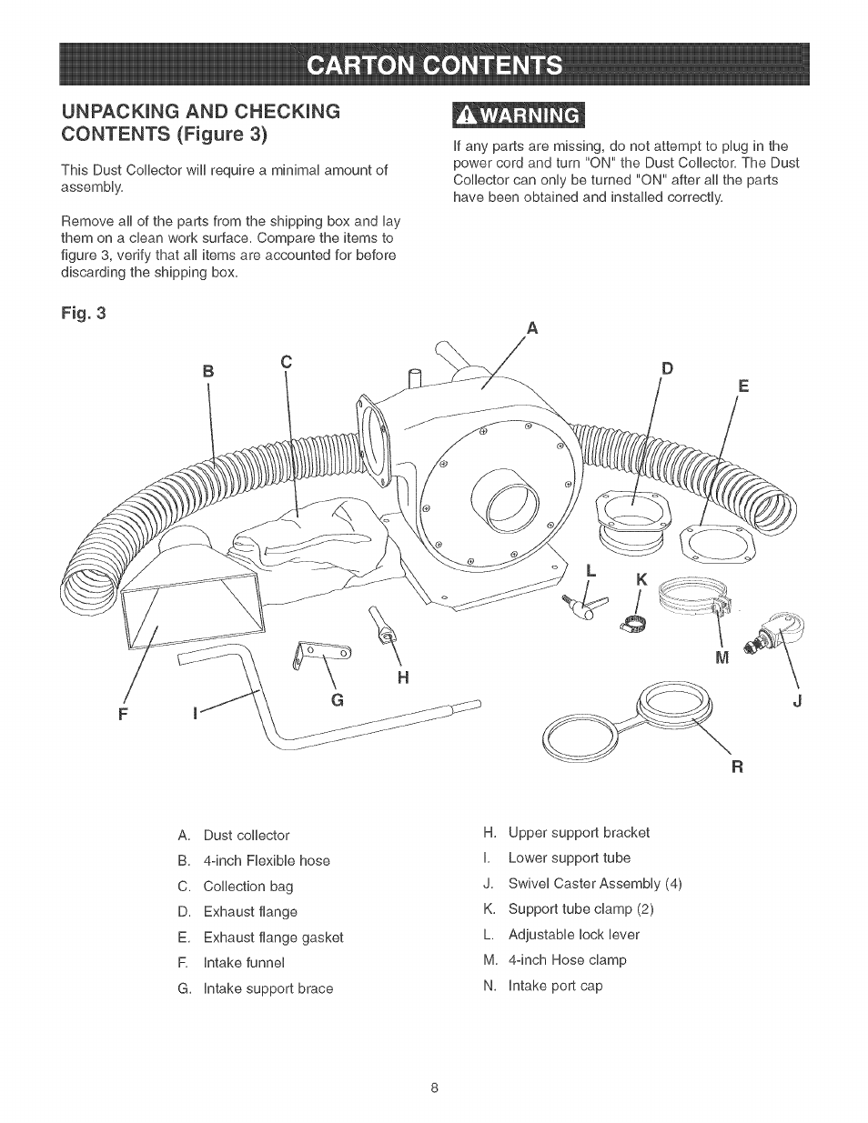 Unpacking and checking contents (figure 3), Awarning, Warning | Craftsman 152.213351 User Manual | Page 8 / 44