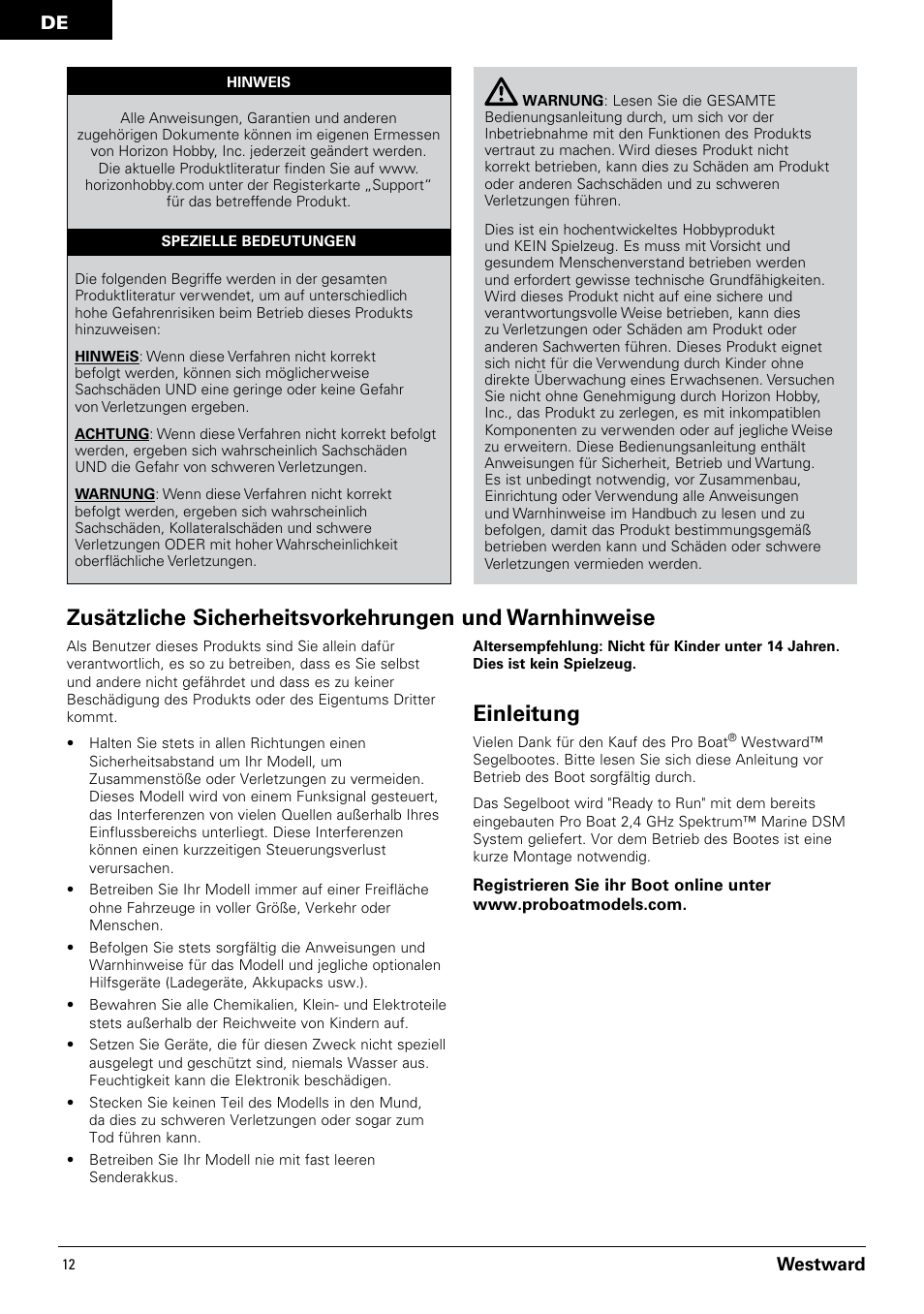 Einleitung, Westward | Pro Boat PRB3350 User Manual | Page 12 / 44