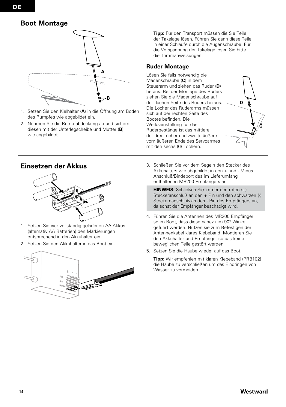 Einsetzen der akkus, Boot montage, Westward | Ruder montage | Pro Boat PRB3350 User Manual | Page 14 / 44