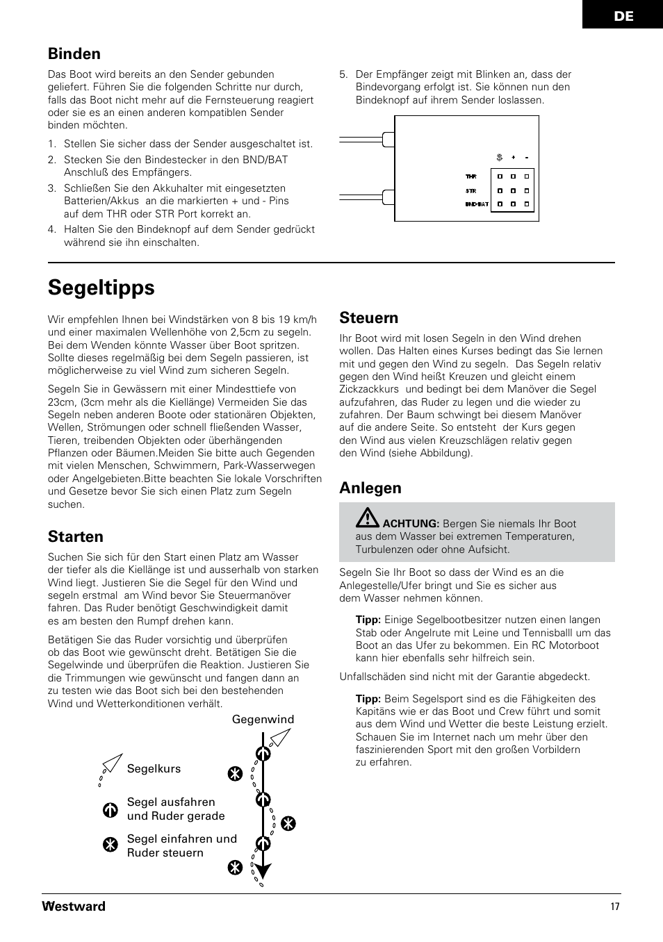 Segeltipps, Binden, Starten | Steuern, Anlegen | Pro Boat PRB3350 User Manual | Page 17 / 44