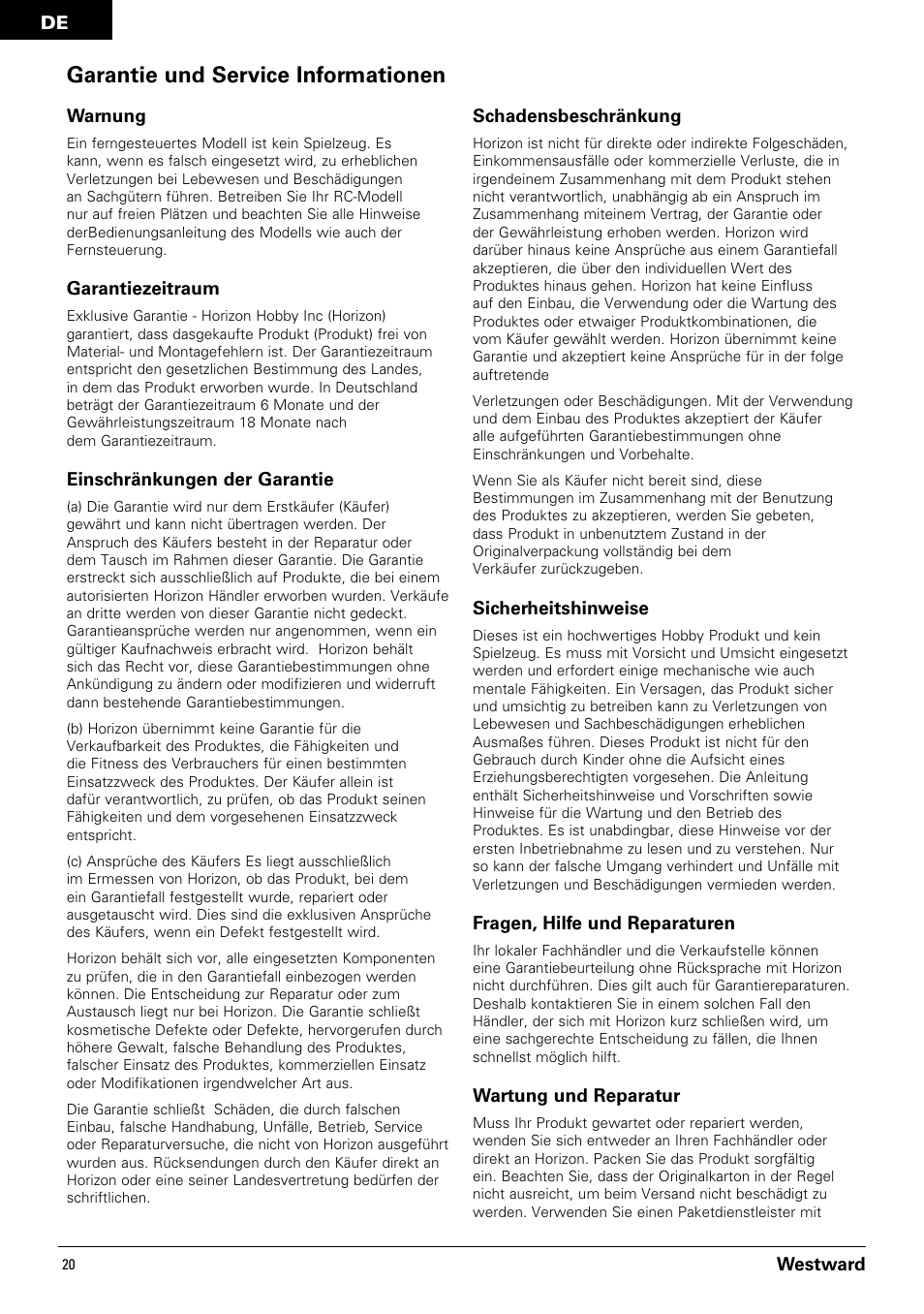 Garantie und service informationen, Westward, Warnung | Garantiezeitraum, Einschränkungen der garantie, Schadensbeschränkung, Sicherheitshinweise, Fragen, hilfe und reparaturen, Wartung und reparatur | Pro Boat PRB3350 User Manual | Page 20 / 44