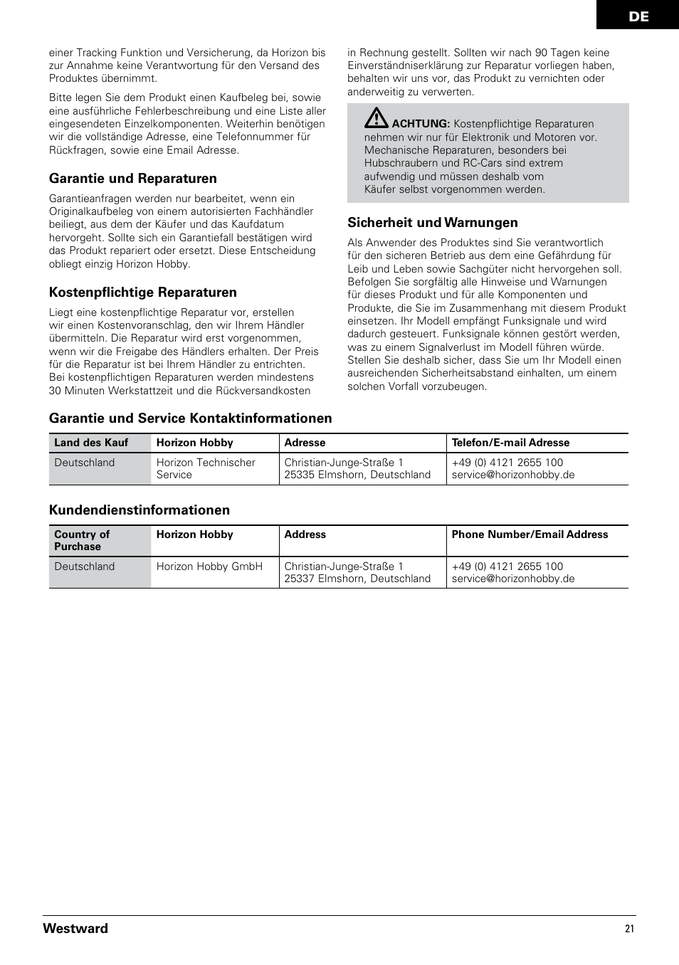 Westward kundendienstinformationen, Garantie und service kontaktinformationen, Garantie und reparaturen | Kostenpflichtige reparaturen, Sicherheit und warnungen | Pro Boat PRB3350 User Manual | Page 21 / 44