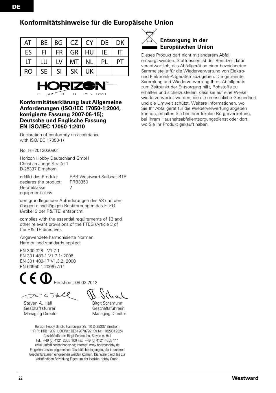 Konformitätshinweise für die europäische union, Westward, Entsorgung in der europäischen union | Pro Boat PRB3350 User Manual | Page 22 / 44