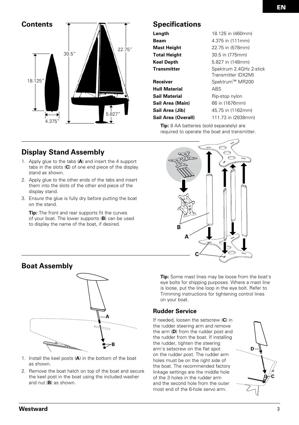 Contents specifications, Display stand assembly, Boat assembly | Pro Boat PRB3350 User Manual | Page 3 / 44