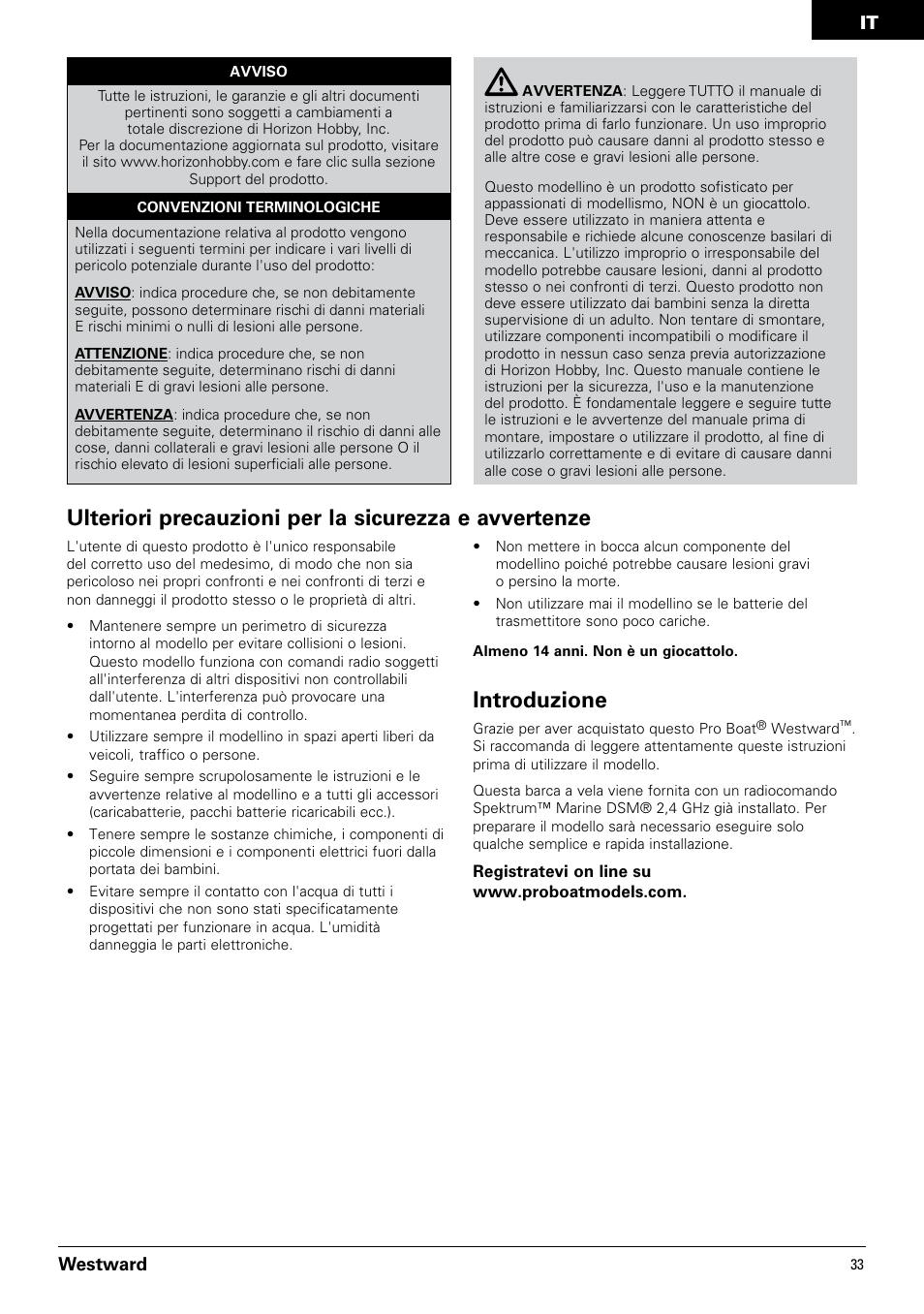 Introduzione, Westward | Pro Boat PRB3350 User Manual | Page 33 / 44