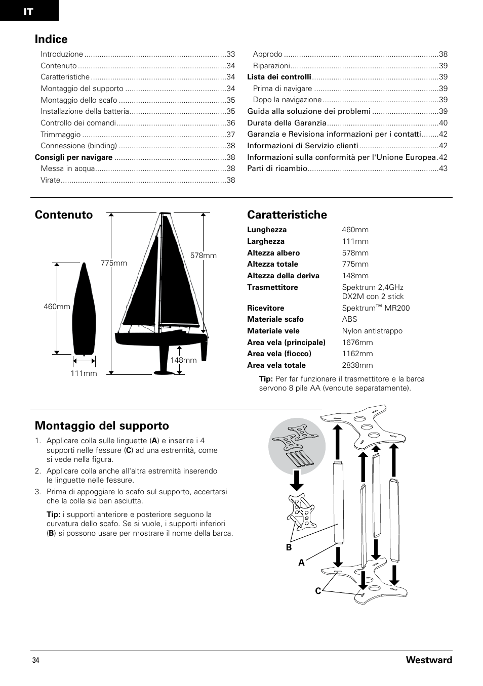 Contenuto caratteristiche, Montaggio del supporto, Indice | Pro Boat PRB3350 User Manual | Page 34 / 44