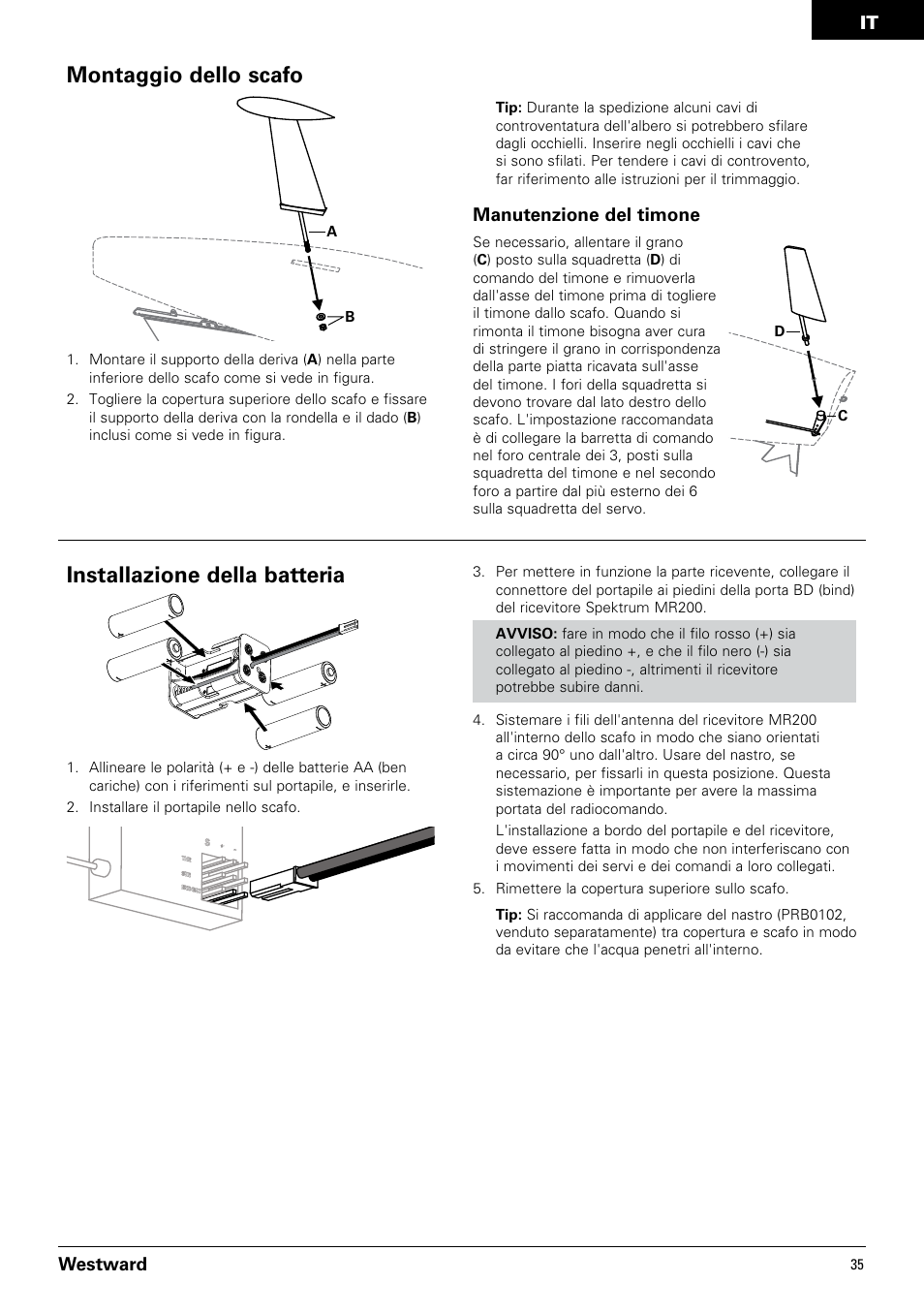 Installazione della batteria, Montaggio dello scafo, Westward | Manutenzione del timone | Pro Boat PRB3350 User Manual | Page 35 / 44