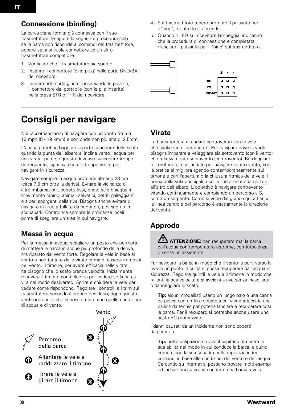 Consigli per navigare, Connessione (binding), Messa in acqua | Virate, Approdo | Pro Boat PRB3350 User Manual | Page 38 / 44