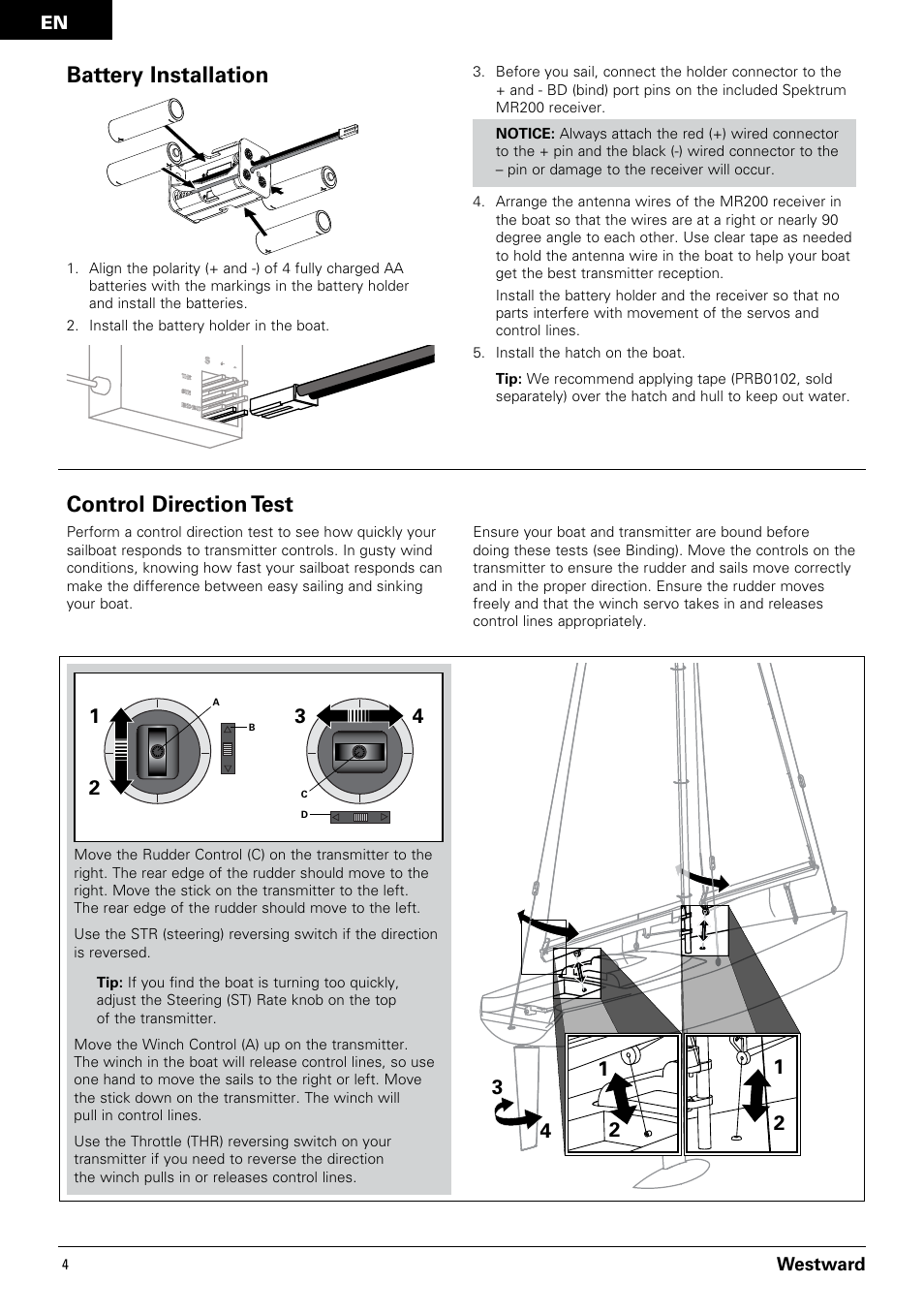 Battery installation, Control direction test | Pro Boat PRB3350 User Manual | Page 4 / 44