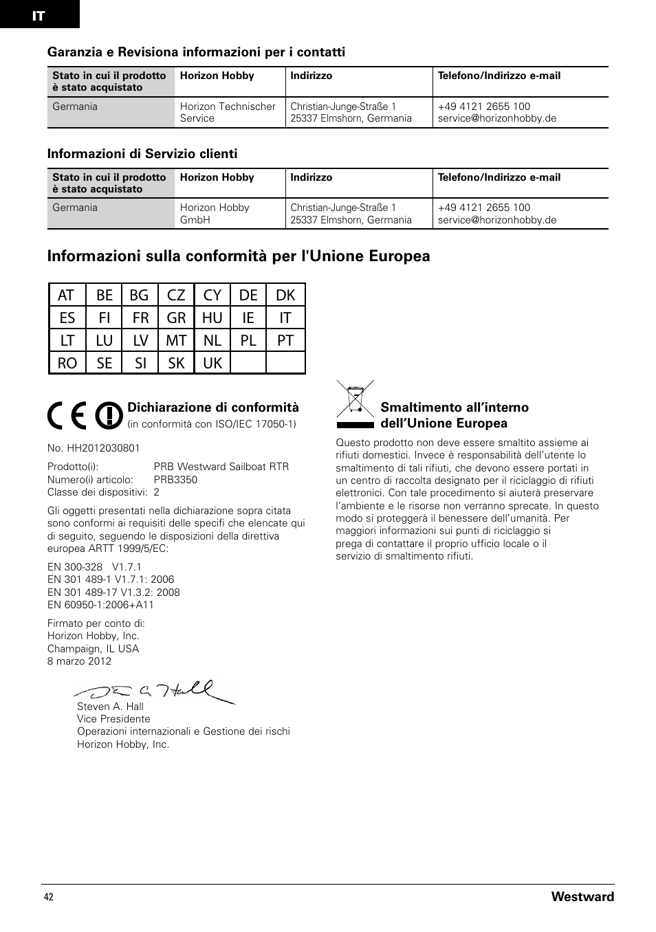 Informazioni sulla conformità per l'unione europea | Pro Boat PRB3350 User Manual | Page 42 / 44