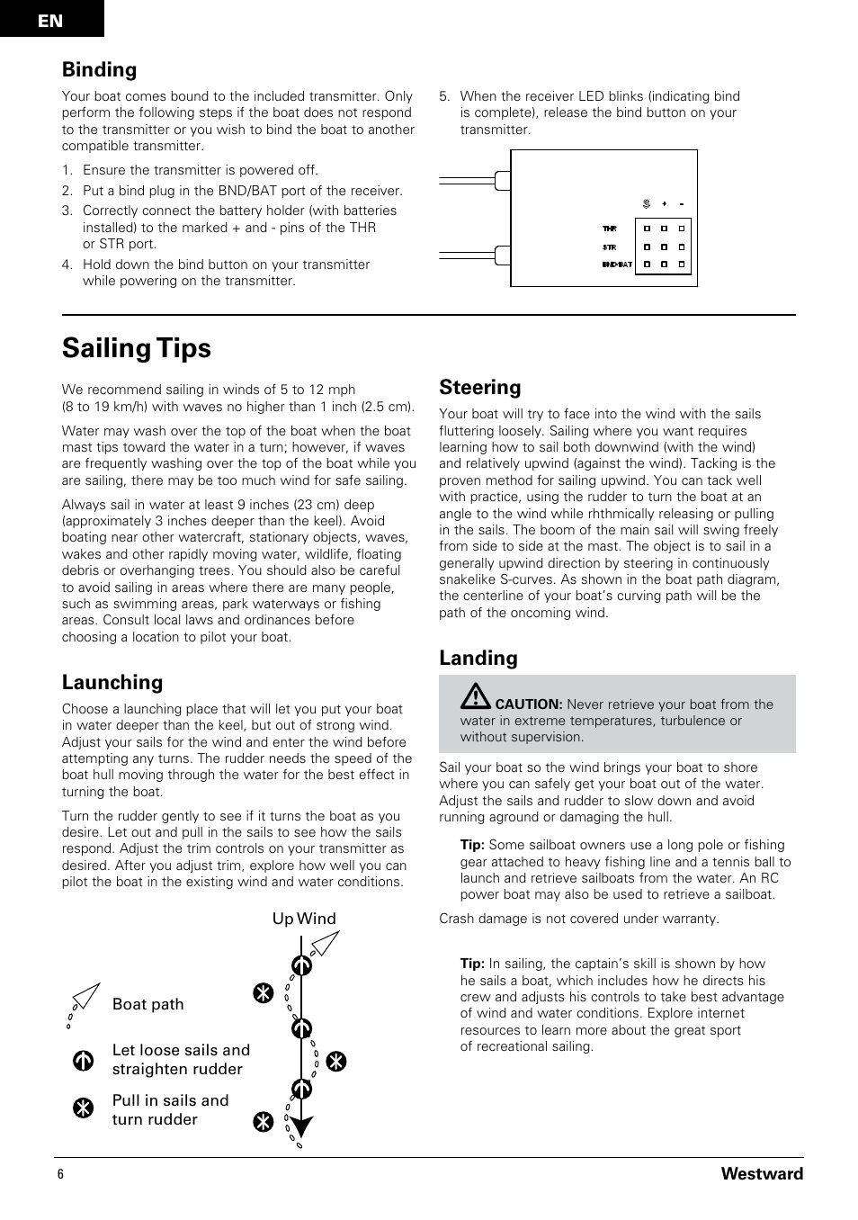 Sailing tips, Binding, Launching | Steering, Landing | Pro Boat PRB3350 User Manual | Page 6 / 44