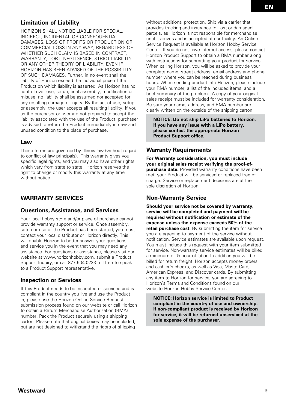 Westward limitation of liability, Inspection or services, Warranty requirements | Non-warranty service | Pro Boat PRB3350 User Manual | Page 9 / 44