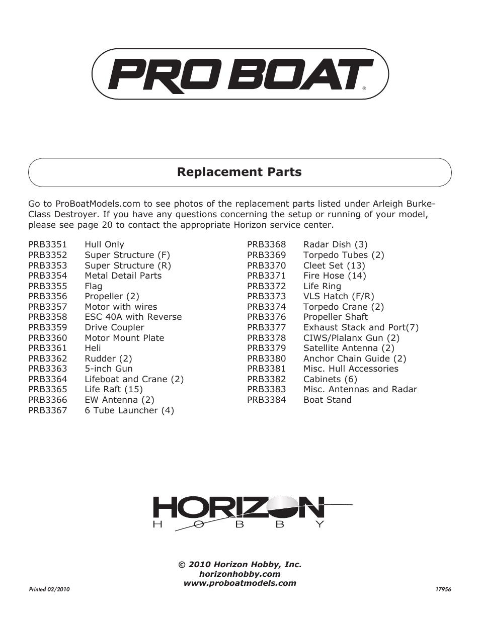 Replacement parts | Pro Boat PRB3375 User Manual | Page 22 / 22