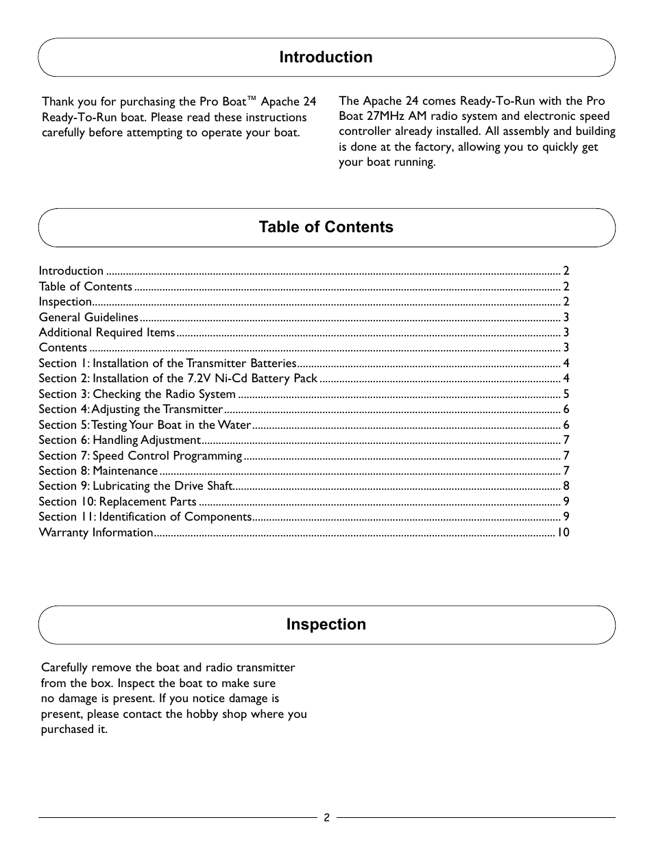 Table of contents introduction inspection | Pro Boat PRB3400 User Manual | Page 2 / 12