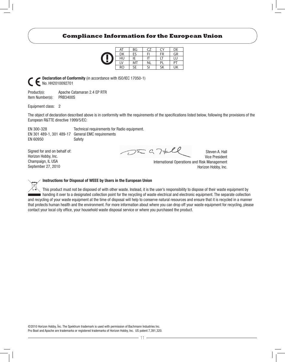 Compliance information for the european union | Pro Boat PRB3400S User Manual | Page 11 / 12