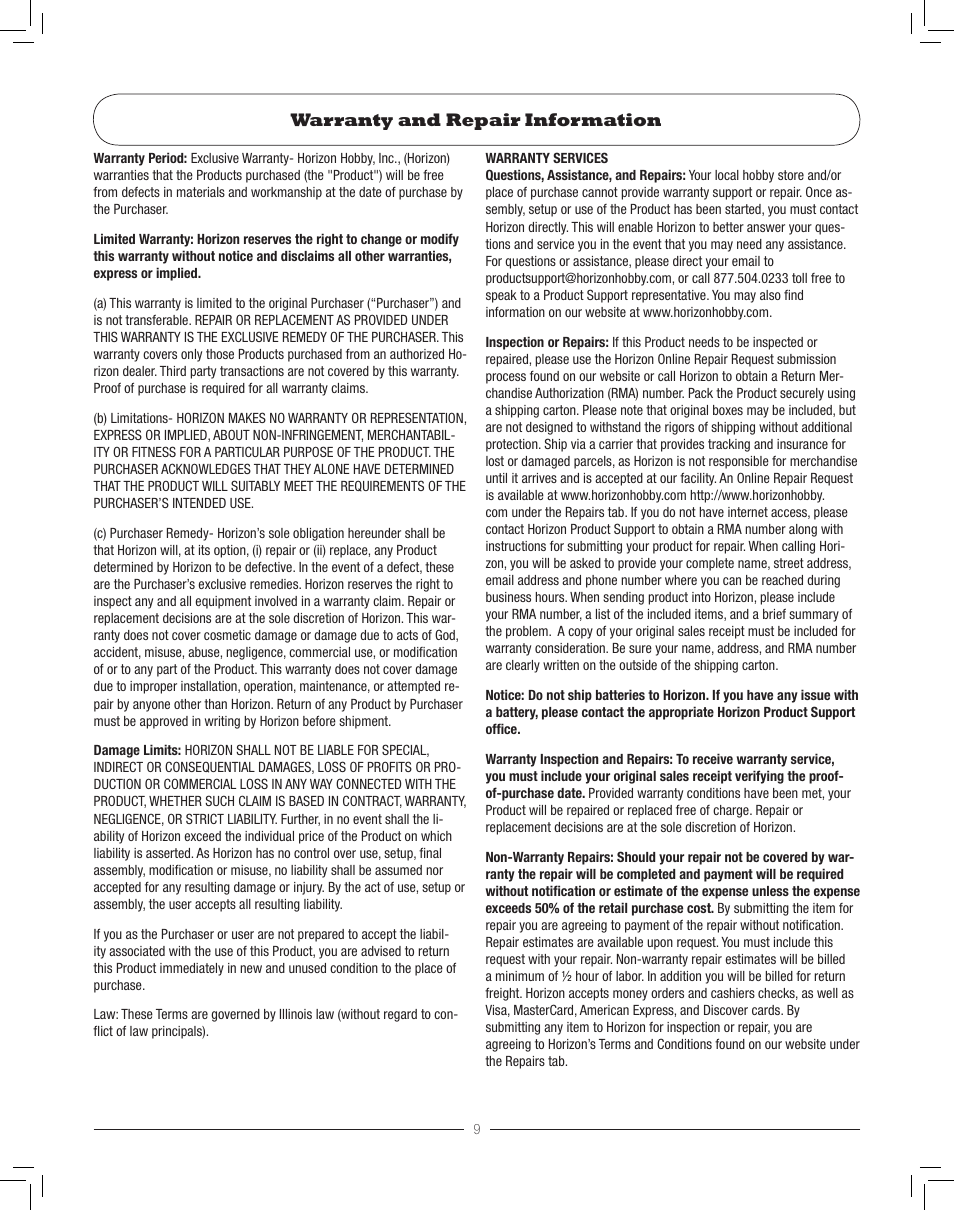 Warranty and repair information | Pro Boat PRB3400S User Manual | Page 9 / 12