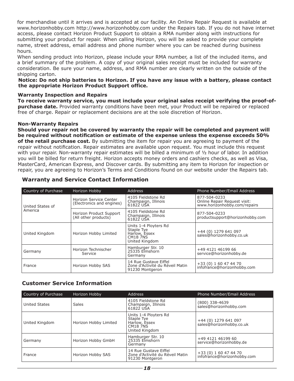 Warranty and service contact information, Customer service information | Pro Boat PRB3450 User Manual | Page 18 / 21