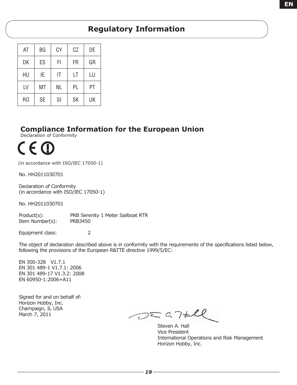 Regulatory information, Compliance information for the european union | Pro Boat PRB3450 User Manual | Page 19 / 21