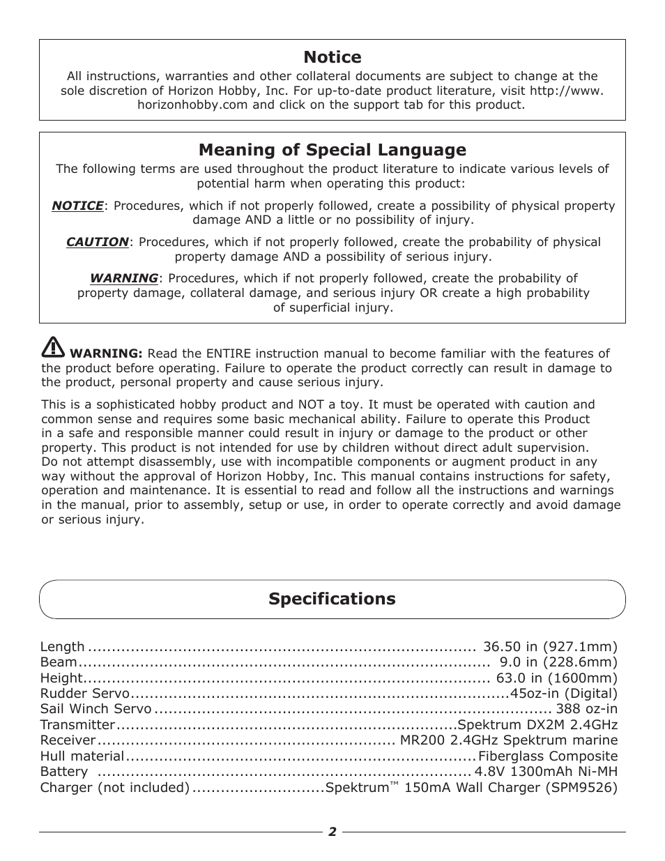 Meaning of special language, Notice, Specifications | Pro Boat PRB3450 User Manual | Page 2 / 21