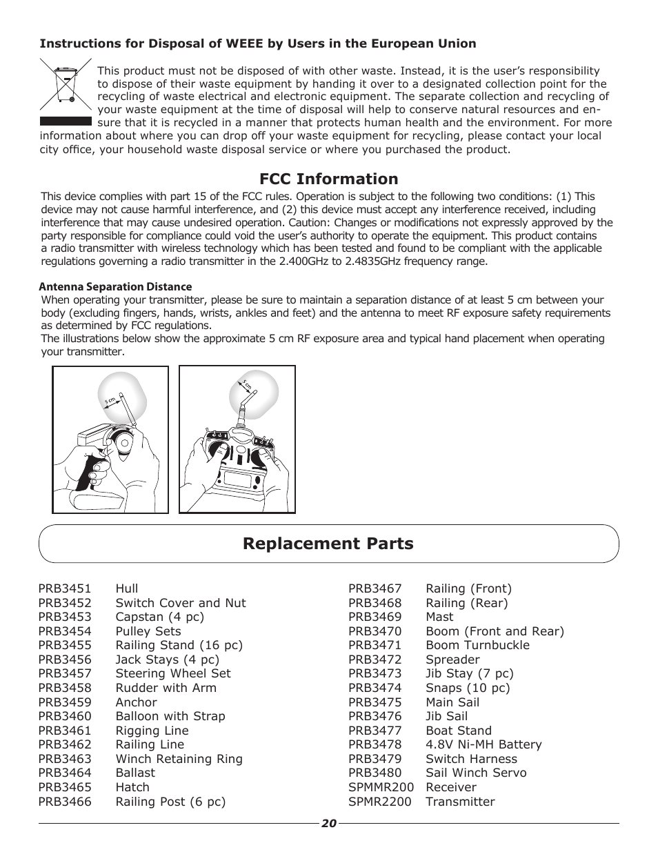 Replacement parts, Fcc information | Pro Boat PRB3450 User Manual | Page 20 / 21