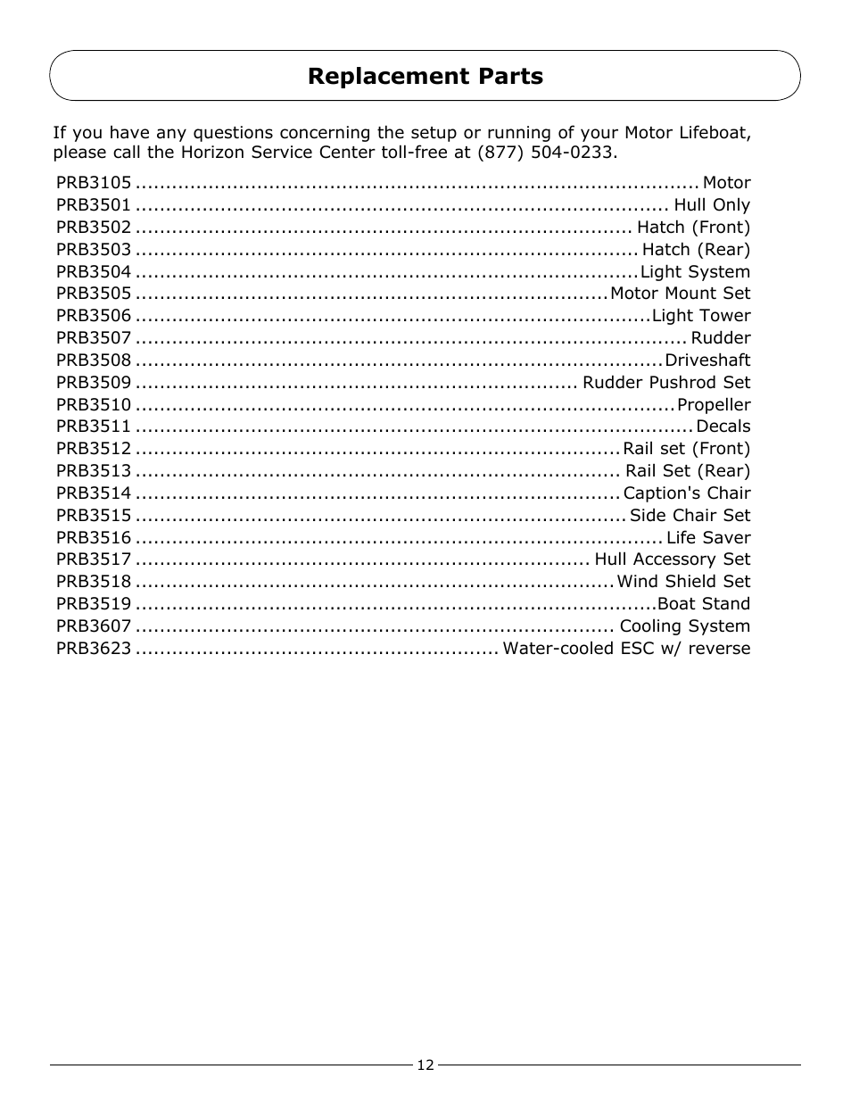 Replacement parts | Pro Boat PRB3500 User Manual | Page 12 / 16