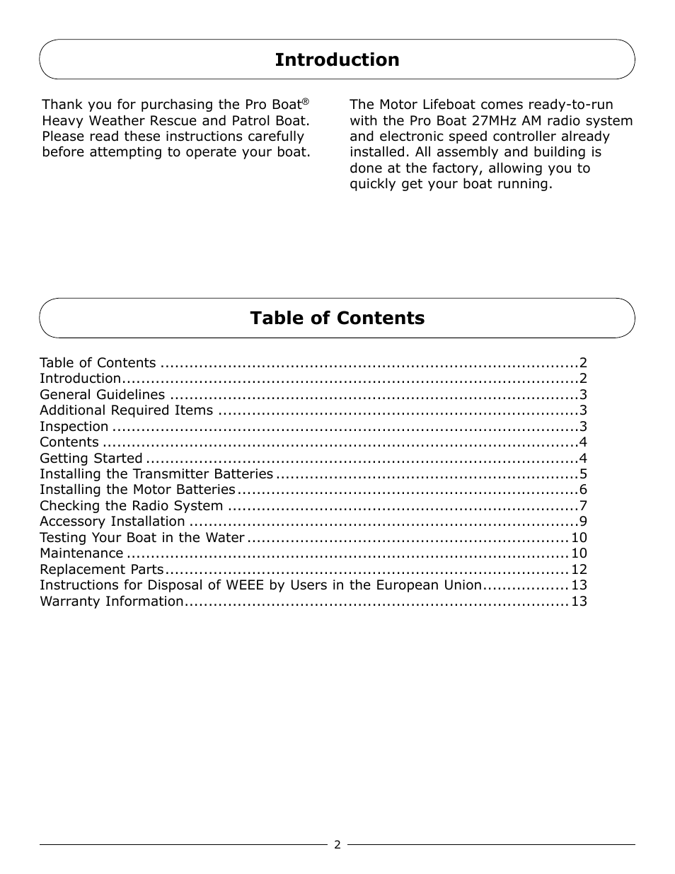 Table of contents introduction | Pro Boat PRB3500 User Manual | Page 2 / 16