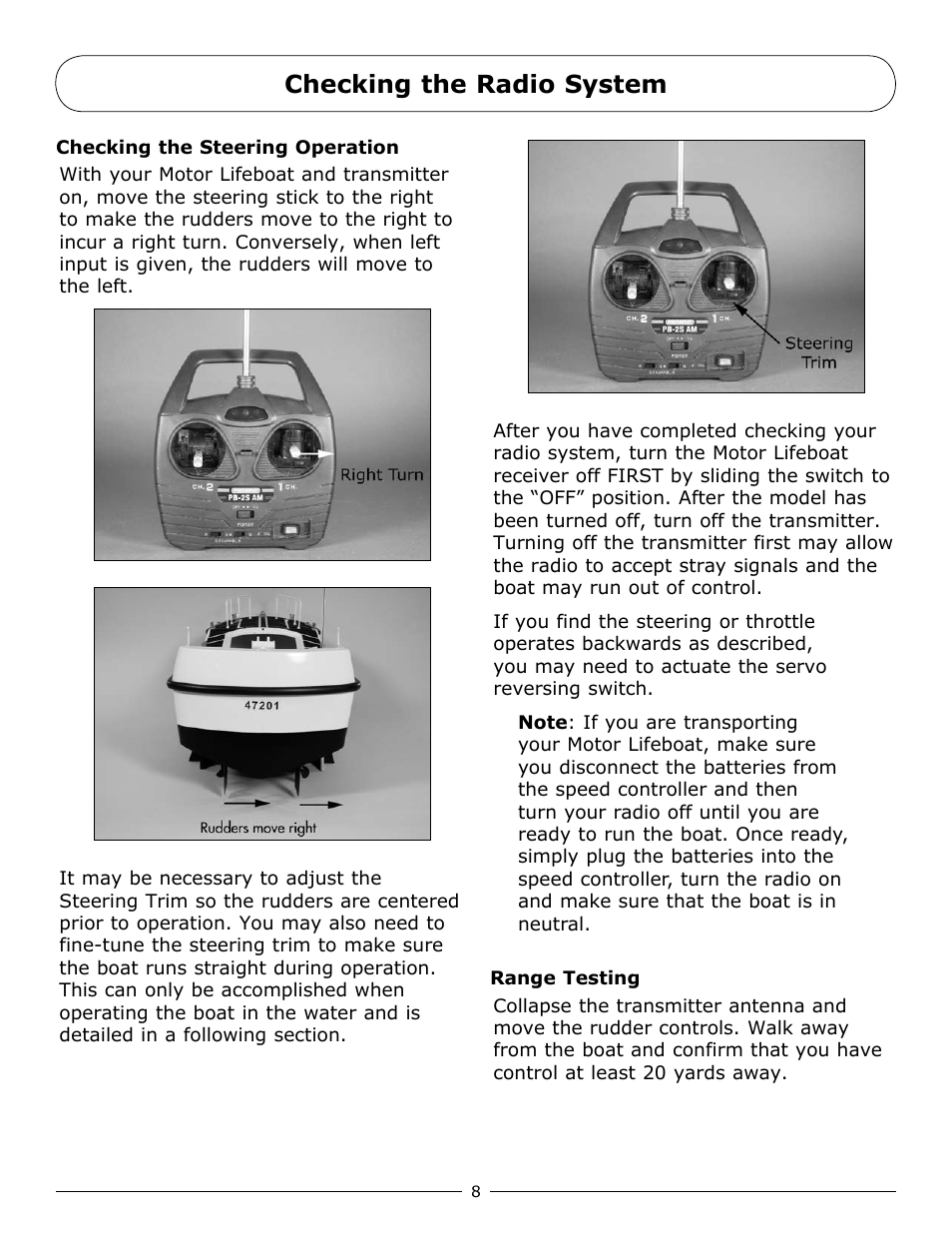 Checking the radio system | Pro Boat PRB3500 User Manual | Page 8 / 16