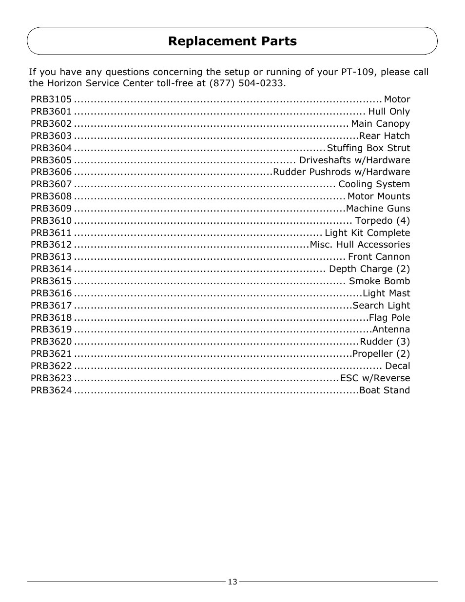 Replacement parts | Pro Boat PRB3600 User Manual | Page 13 / 20