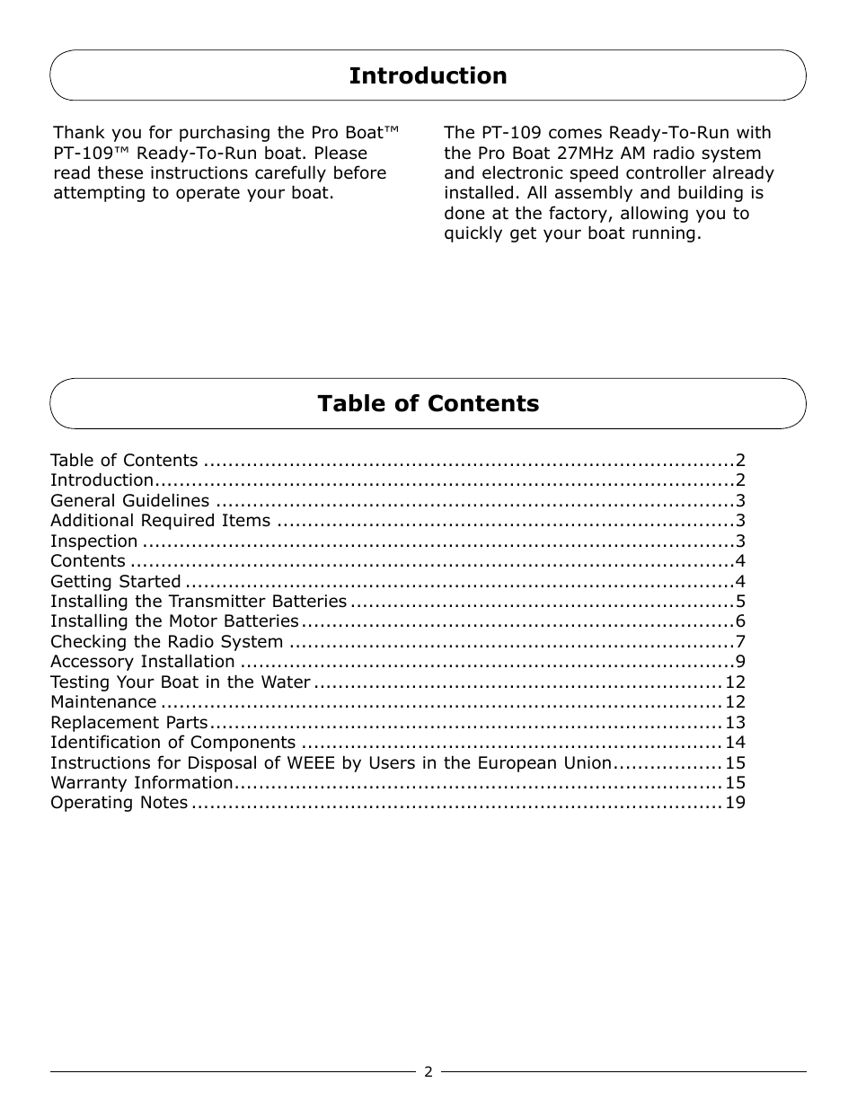 Table of contents introduction | Pro Boat PRB3600 User Manual | Page 2 / 20
