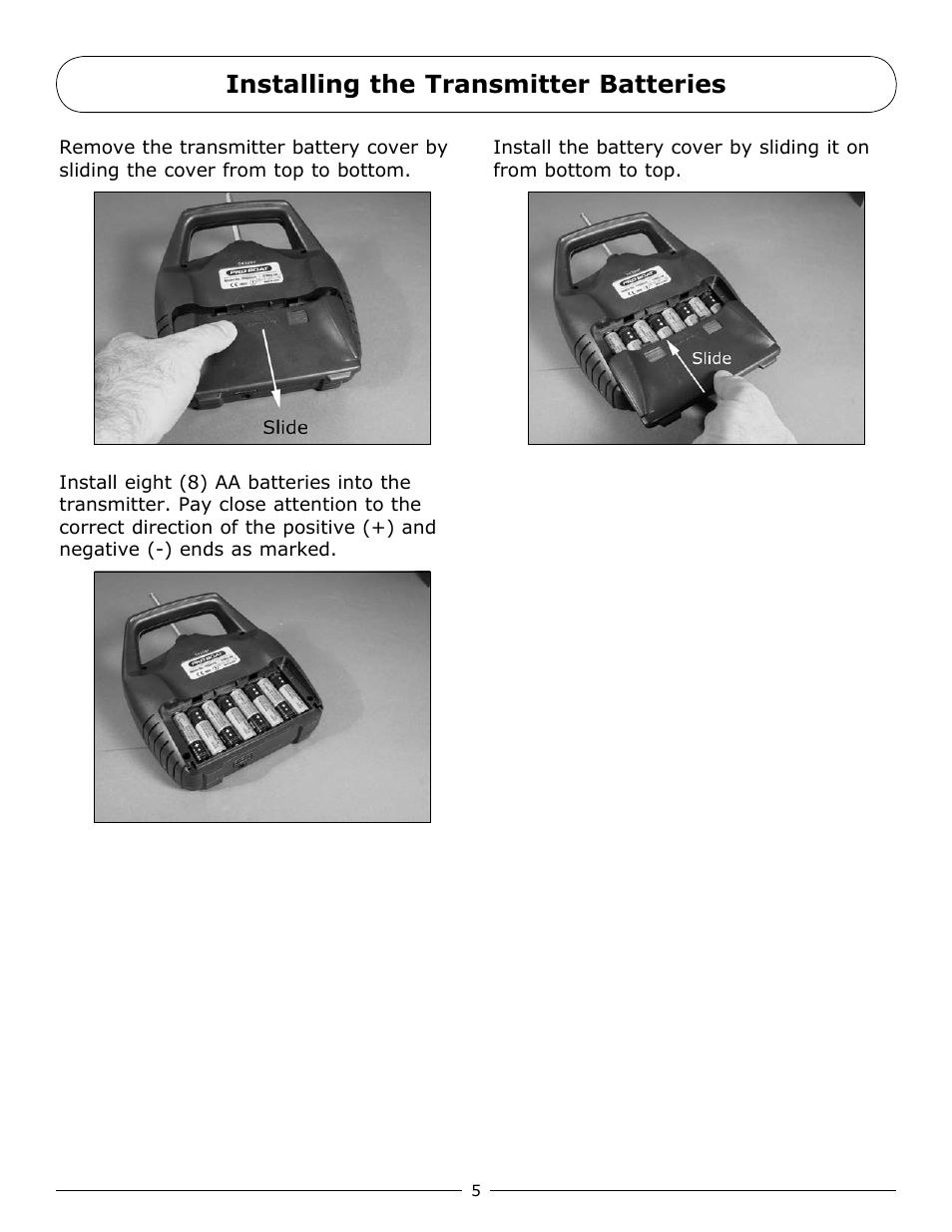 Installing the transmitter batteries | Pro Boat PRB3600 User Manual | Page 5 / 20