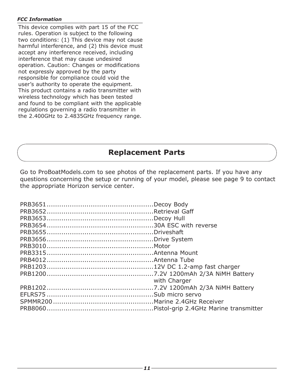 Replacement parts | Pro Boat PRB3650 User Manual | Page 11 / 12