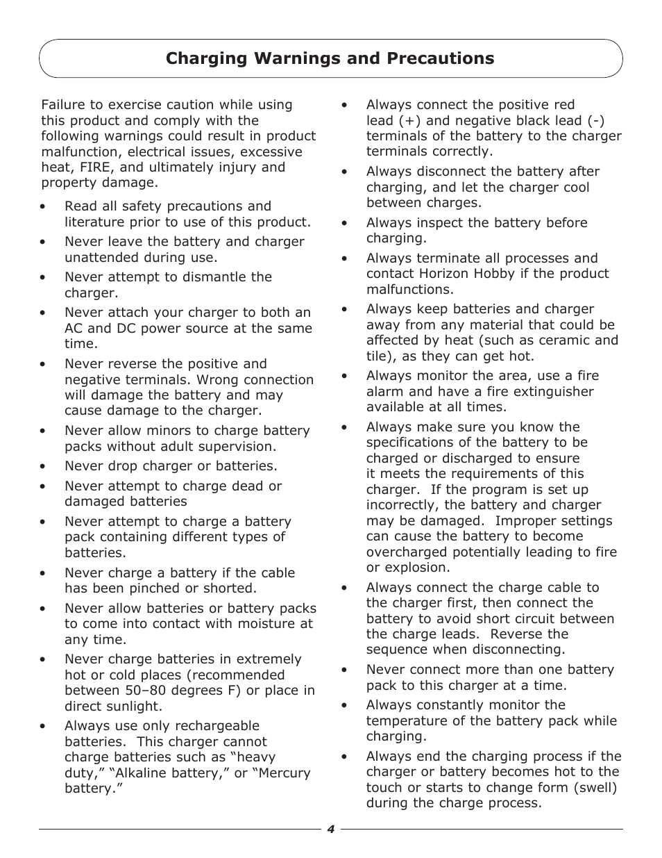 Charging warnings and precautions | Pro Boat PRB3650 User Manual | Page 4 / 12