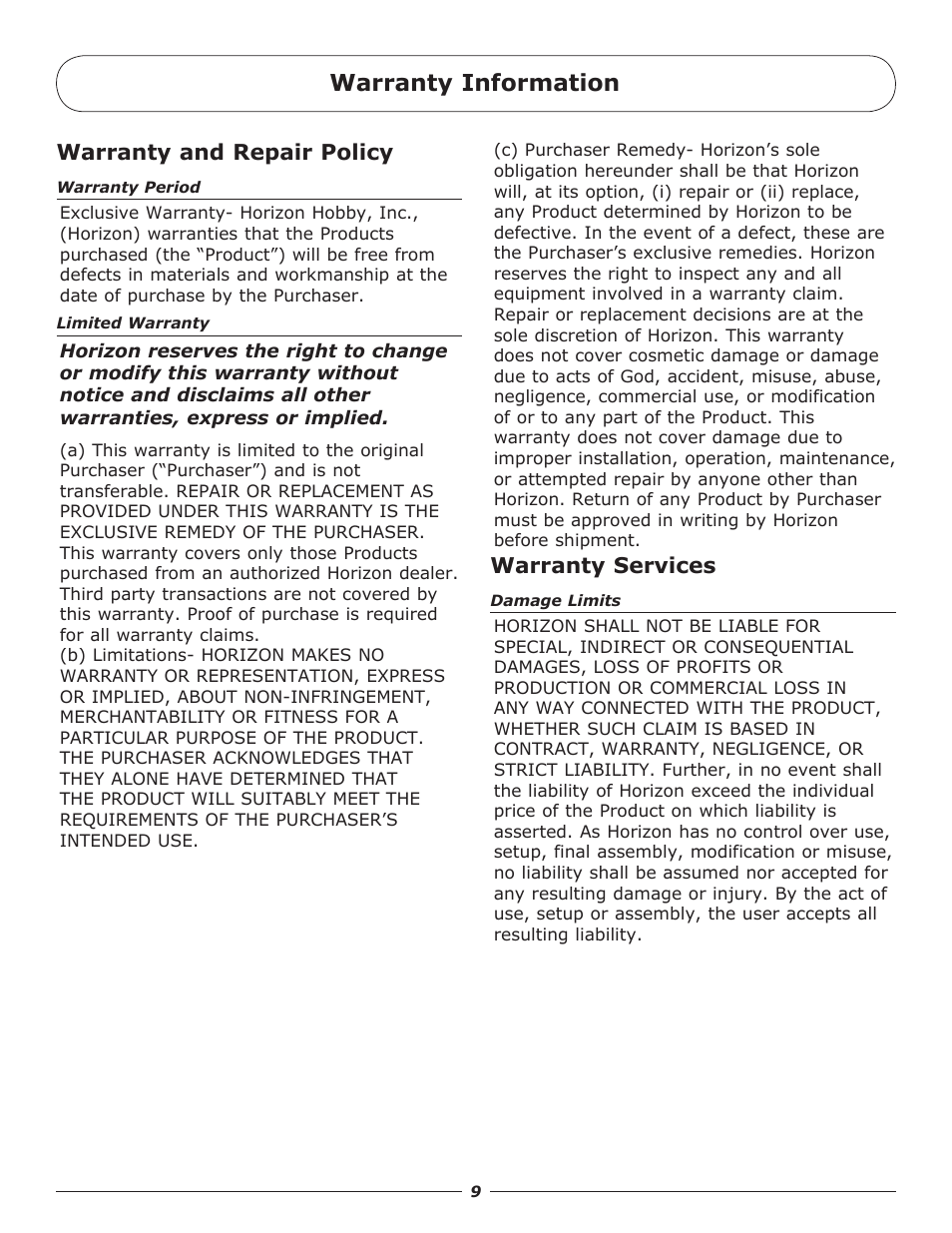 Warranty information, Warranty and repair policy, Warranty services | Pro Boat PRB3650 User Manual | Page 9 / 12