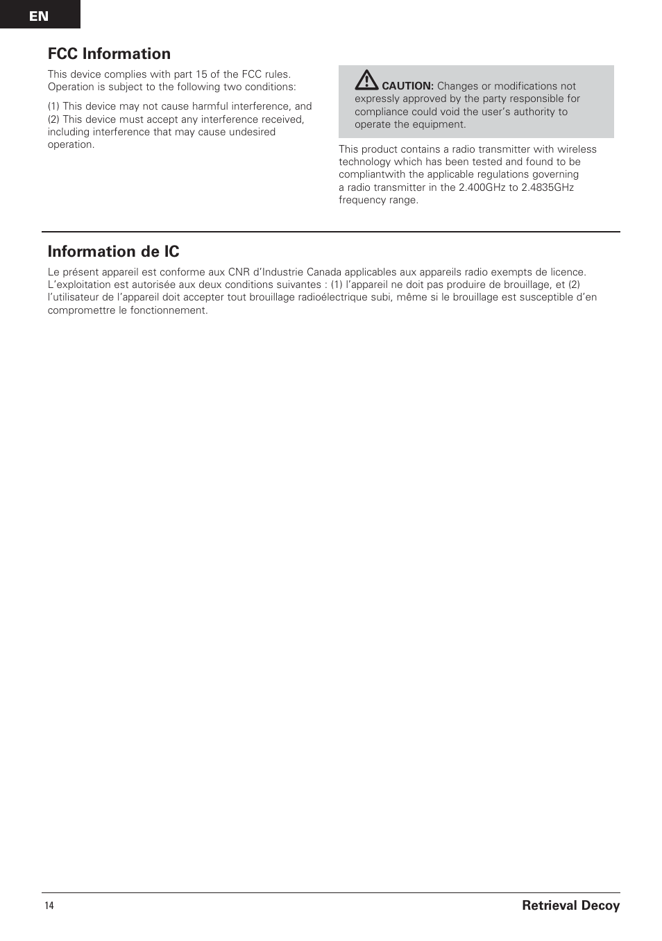 Fcc information, Information de ic | Pro Boat PRB3650B User Manual | Page 14 / 18