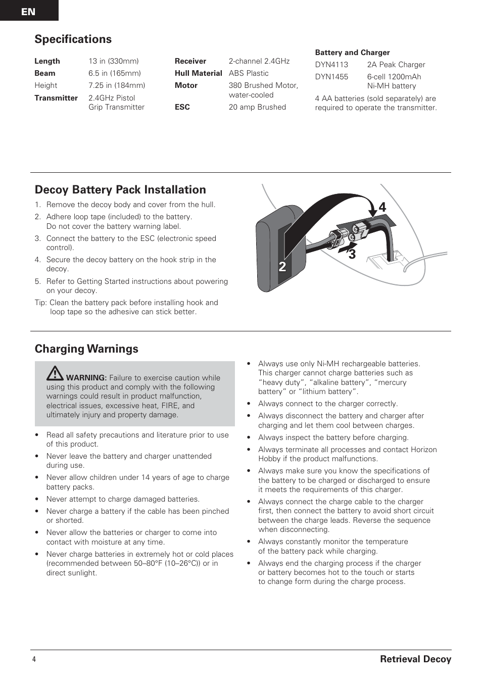 Charging warnings, Decoy battery pack installation, Specifications | Pro Boat PRB3650B User Manual | Page 4 / 18