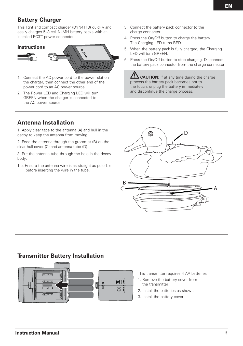 Battery charger, Antenna installation, Transmitter battery installation | Ba d c | Pro Boat PRB3650B User Manual | Page 5 / 18