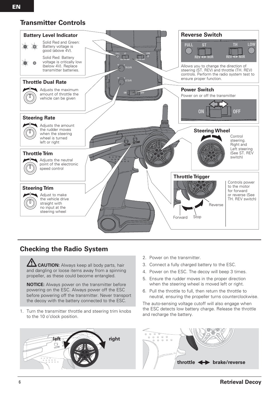 Checking the radio system, Transmitter controls, Retrieval decoy | Reverse switch | Pro Boat PRB3650B User Manual | Page 6 / 18