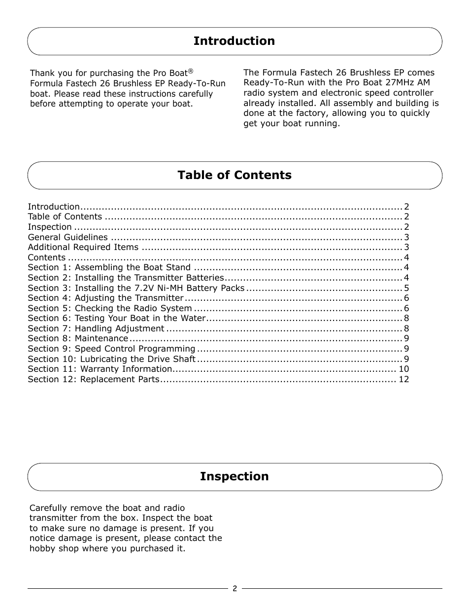 Prb3750-manual-lores 2.pdf, Table of contents introduction inspection | Pro Boat PRB3750 User Manual | Page 2 / 12