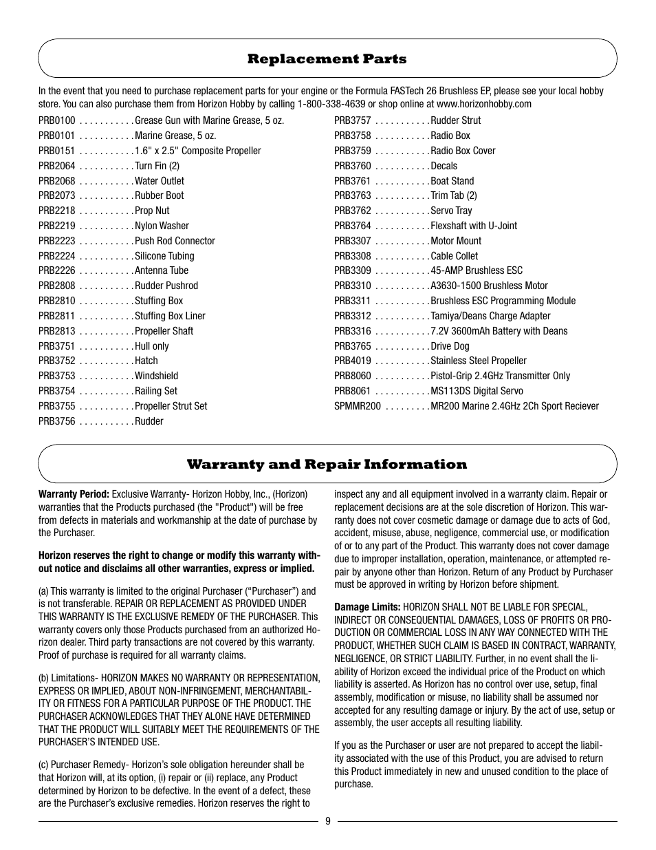 Replacement parts warranty and repair information | Pro Boat PRB3750S User Manual | Page 9 / 12