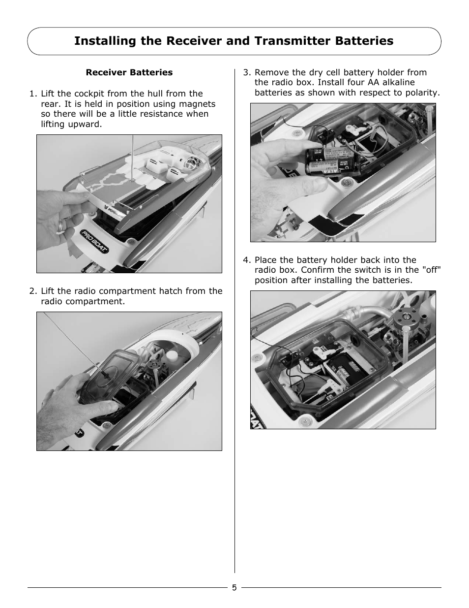 Installing the receiver and transmitter batteries | Pro Boat PRB3800 User Manual | Page 5 / 20