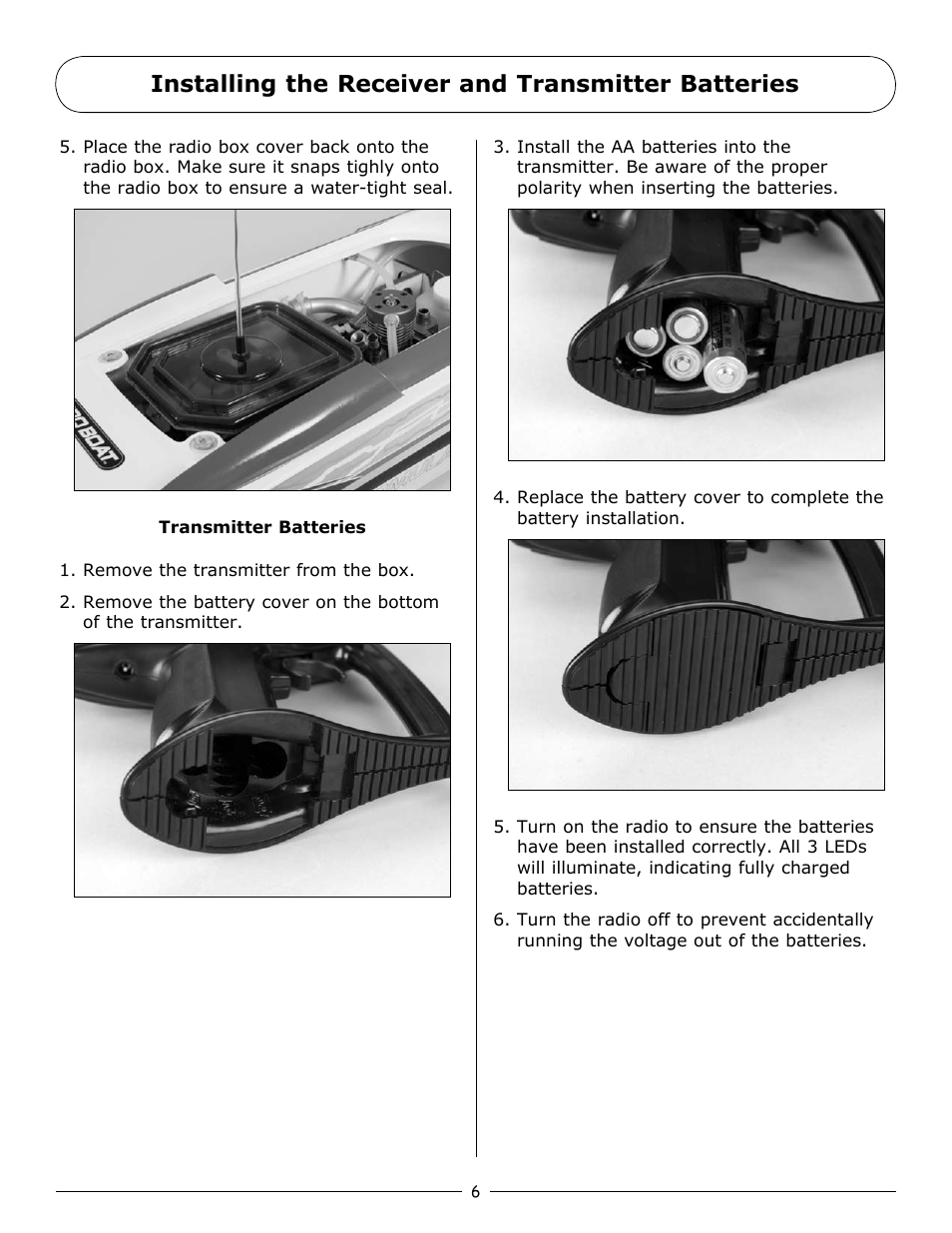 Installing the receiver and transmitter batteries | Pro Boat PRB3800 User Manual | Page 6 / 20