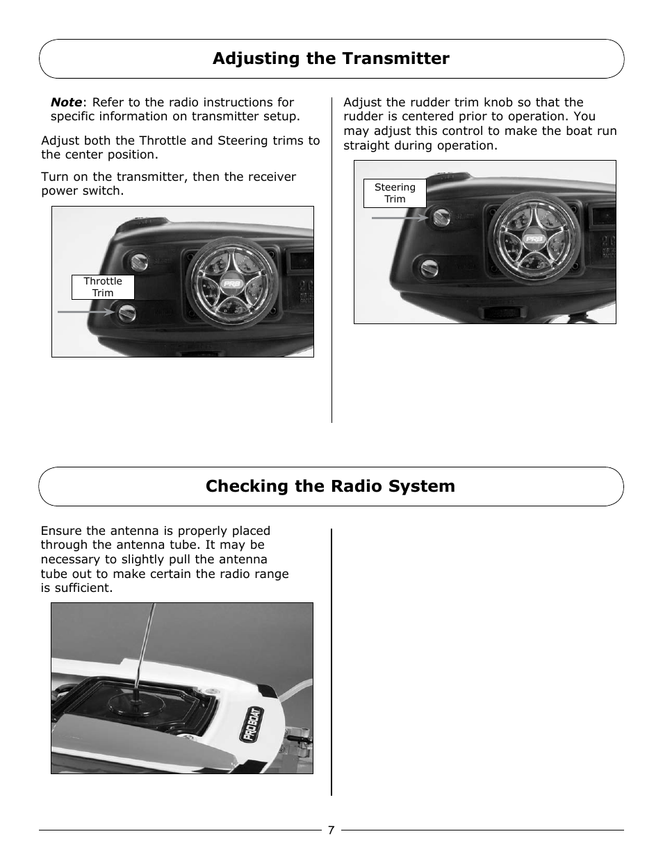 Adjusting the transmitter, Checking the radio system | Pro Boat PRB3800 User Manual | Page 7 / 20