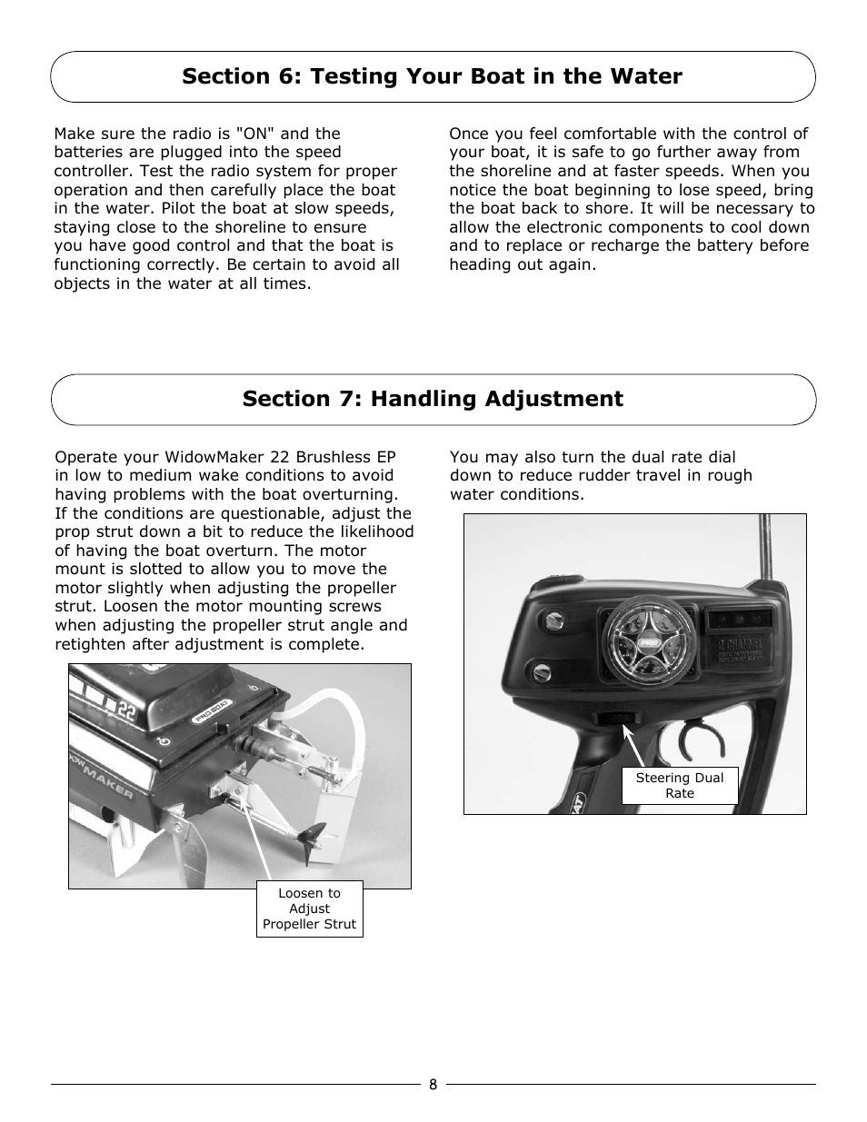 Section 6: testing your boat in the water, Section 7: handling adjustment | Pro Boat PRB3900 User Manual | Page 8 / 16