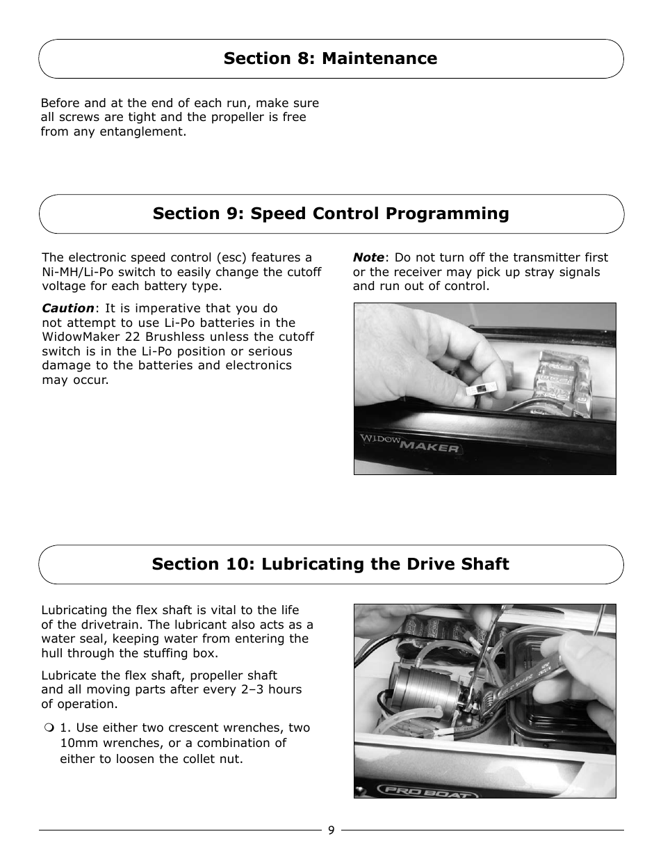 Section 8: maintenance, Section 9: speed control programming, Section 10: lubricating the drive shaft | Pro Boat PRB3900 User Manual | Page 9 / 16