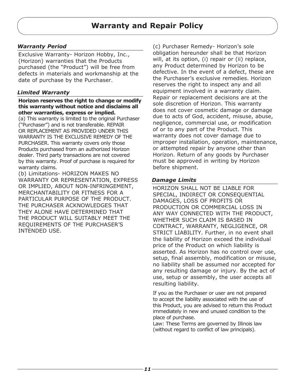 Warranty and repair policy | Pro Boat PRB4000BDC User Manual | Page 11 / 16